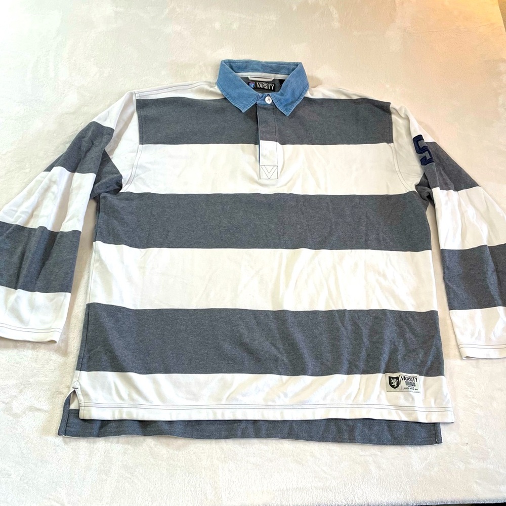 Roundtree & Yorke Varsity Rugby Shirt‎ Mens XL Striped Denim Collar Retro Preppy